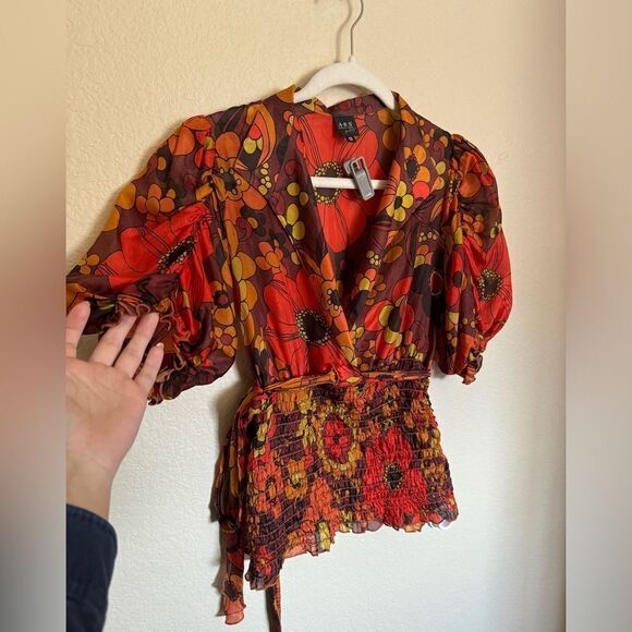Vintage 80s Floral Silk Blouse Top Sz Small Puff‎ Sleeve Rust Orange Retro - Picture 1 of 6